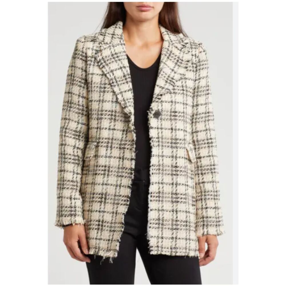 Ellen Tracy Bouclé Frayed Trims Tweed Plaid Preppy Blazer Sz M (Missing Button)